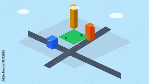 Isometric 3D city landscape for kids room, colorful vector toy town with buildings, cars, roads and park, nursery wall art illustration