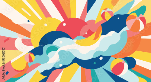 Colorful, abstract illustration depicts beach balls, sun, and waves