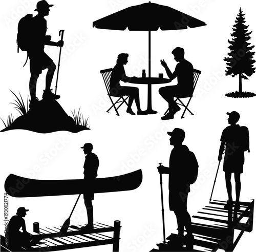 Outdoor activity silhouettes, hiking illustration, canoe design, camping artwork, nature symbol, forest icon, recreation concept, adventure lifestyle graphics