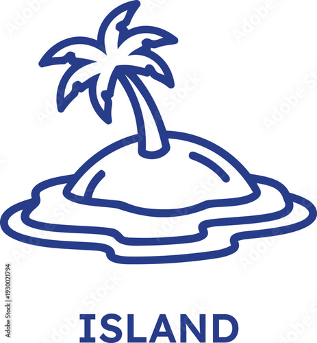 Stylized blue line art icon of a tropical island with a palm tree representing vacation and paradise isolated on transparent background