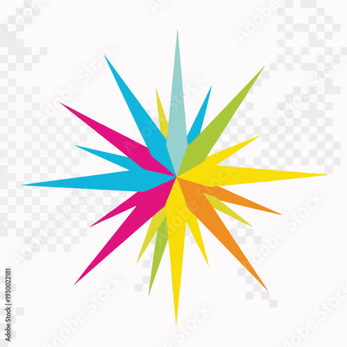 Colorful, abstract starburst design with vibrant, overlapping spike shapes