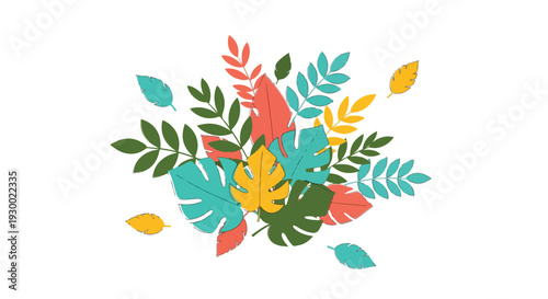 Colorful assortment of stylized leaves in various colors on white