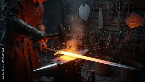 A blacksmith at work in a workshop, using a hammer and anvil to forge a sword.