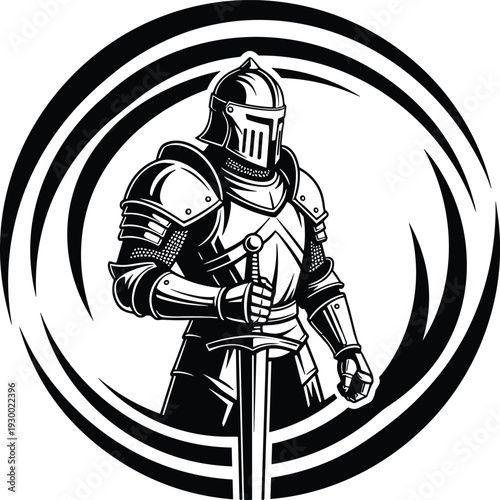 Black medieval knight silhouette vector illustration of armored warrior with sword inside circle isolated on white background for heroic logo