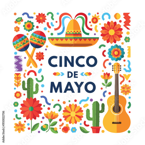 Colorful celebration design with musical instruments, cactus, and flowers