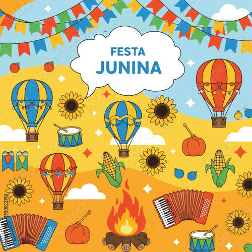 Colorful celebration illustration with balloons, bonfire, sunflowers, and food
