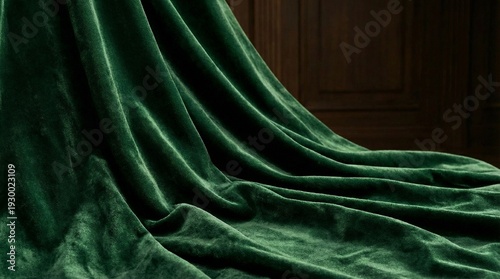 Luxurious emerald green velvet fabric draped on dark wooden background. Premium textile texture backdrop for luxury product staging, jewelry display, or branding mockup.