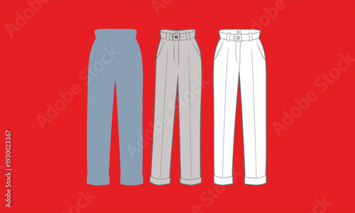 High Waist Belted Pants Mockup Set with Front Views, Fashion Apparel Vector Illustration Template for Clothing Design, Garment Branding and Retail Presentation