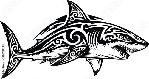 Black tribal shark silhouette with intricate polyesian tattoo patterns isolated on white background for marine sports mascot and ocean animal logo.