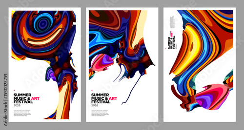 Set of Three Abstract Colorful Fluid Art Posters with Dynamic Swirls