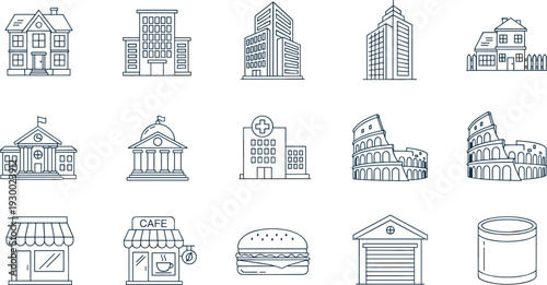 Building icons, architecture silhouettes, urban structures, residential house, office building, skyscraper illustration, hospital symbol, government building, retail shop, café