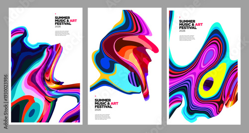 Set of vibrant abstract fluid art posters with colorful swirls