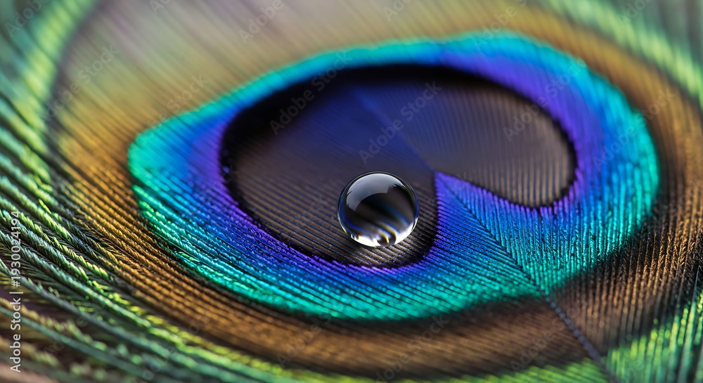 Fototapeta premium Rain Drop on Vibrant Feather Close up