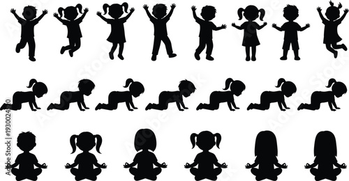 Children silhouettes, kids icons, crawling toddlers, standing children, sitting meditation, childhood stages, playtime, mindfulness, activity poses, developmental growth, interaction