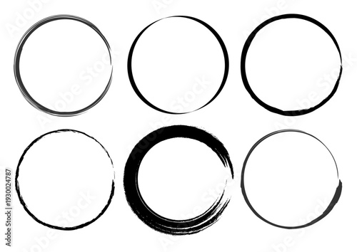 筆書きの円・丸のフレームセット、和風の墨絵素材