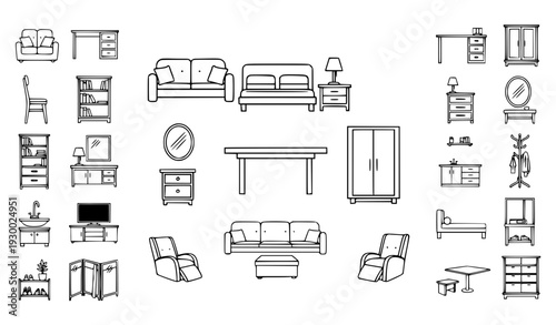 Minimal Line Furniture Icon Set with Sofas, Chairs, Tables, Cabinets, Beds, and Home Interior Elements for UI Design, Floor Plans, and Vector Illustrations