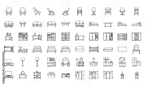 Minimal Line Furniture Icon Set with Chairs, Sofas, Beds, Tables, Storage, and Lighting Elements for Interior Design, Apps, UI Kits, and Vector Graphics