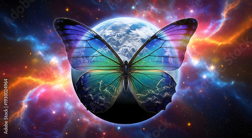 Vibrant iridescent butterfly with outstretched wings in front of a full moon, set against a colorful cosmic nebula background.