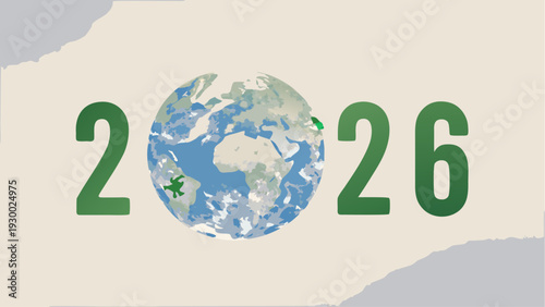 Green earth with airplane flying around it in 2026