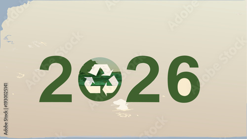 Eco friendly 2026 with recycling symbol on green background