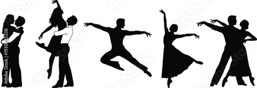 Dancing couple silhouette illustration, ballroom pose artwork, romantic embrace design, ballet leap graphic, black and white dance symbol drawing