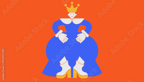 Playful cartoon queen in blue dress and golden crown standing confidently
