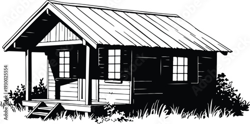 Decaying Wooden Shack Surrounded by Overgrown Grass Rustic Abandoned Structure Vector Illustration