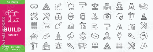 Construction or build line editable icon set. Contain icons related to build, construction, building, architecture, worker, and more. Editable stroke. Vector illustration