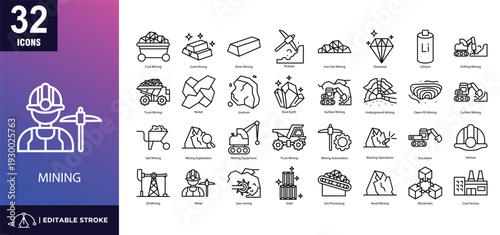 Set of 32 Mining icons in lineal style.