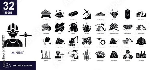 Set of 32 Mining icons in glyph style.