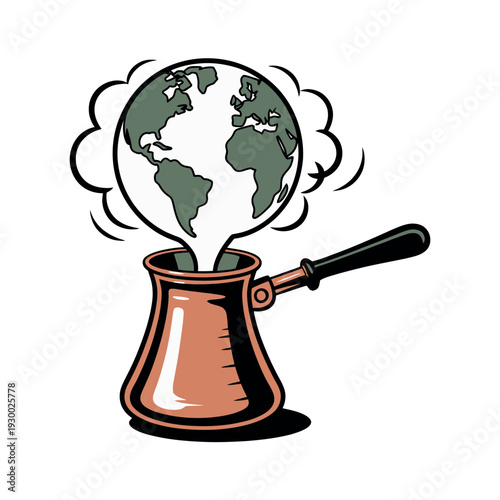 World map steam rises from a copper Turkish coffee pot indicating global energy or hot international.