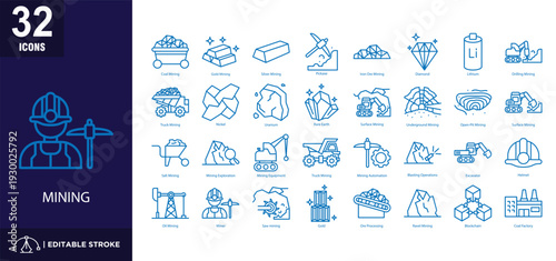 Set of 32 Mining icons in line blue style.