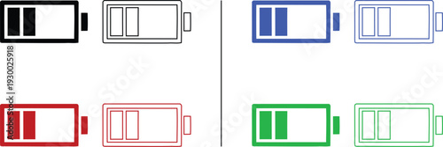battery indicator icon isolated on white background, vector illustration of power level and energy status for mobile devices in colorful solid and outline styles.