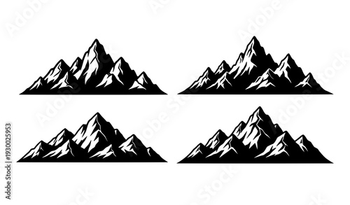 Black Mountain Range Silhouette Set with Detailed Snowy Peaks for Outdoor Adventure Logos, Travel Branding, Nature Posters, and Landscape Vector Designs