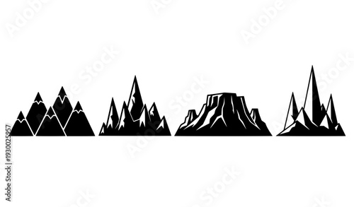 Black Abstract Mountain Silhouette Set with Geometric, Rocky, and Volcanic Peak Styles for Outdoor Logos, Travel Branding, Adventure Posters, and Vector Designs