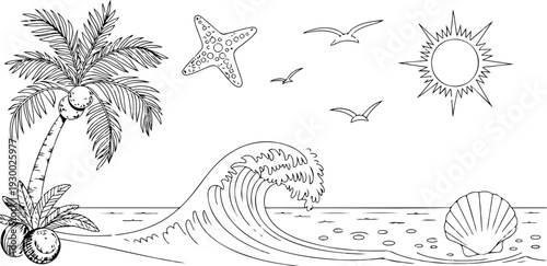 Tropical Beach Scene with Palm Tree Ocean Wave Starfish and Seashell Summer Vector Illustration
