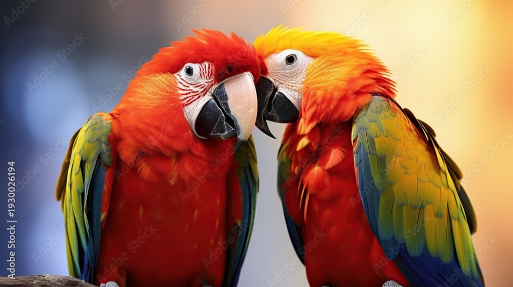 Fototapeta premium Two vibrant scarlet macaws share an intimate close-up moment in vivid rainbow plumage