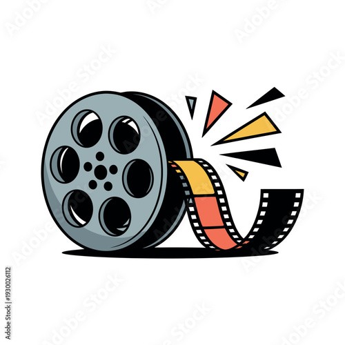 Film reel icon shows cinematic tape rapidly unraveling with dynamic abstract bursts of color and energy.