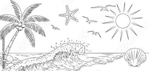 Tropical Beach Scene with Palm Tree Ocean Wave Starfish and Seashell Summer Vector Illustration