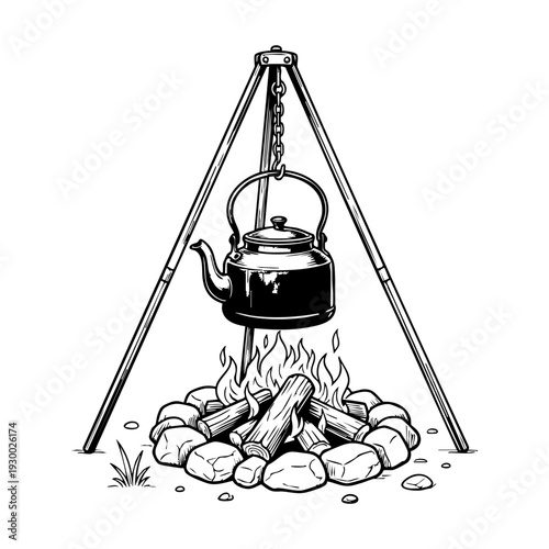 Kettle hanging over campfire