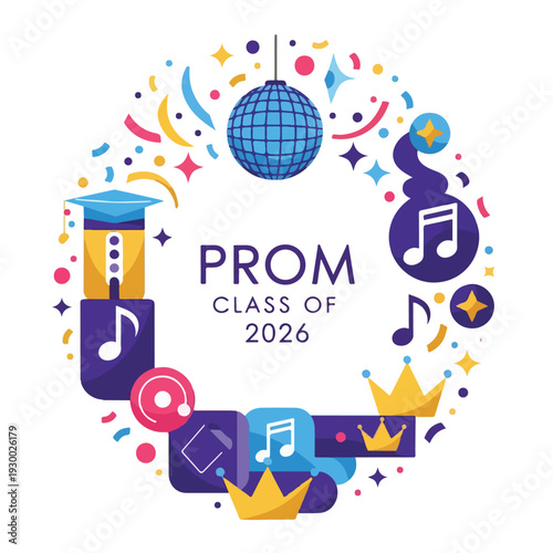 Colorful celebratory design with "Prom" text and icons