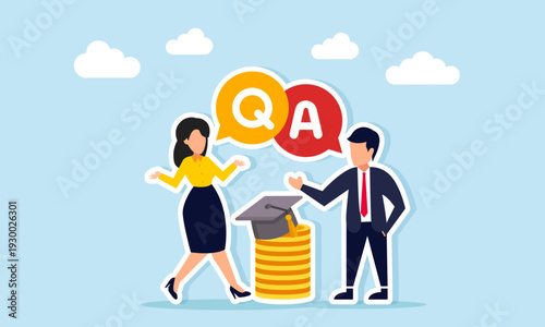 Two businessmen discussing near stack of dollar coins and graduation cap illustration of sharing session about proper business financial management