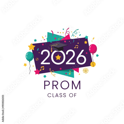 Colorful celebratory graphic with graduation cap, balloons, stars, and confetti