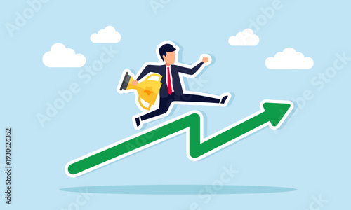 Businessman carrying trophies running on rising green arrow illustration of improving standards and quality to become leading company