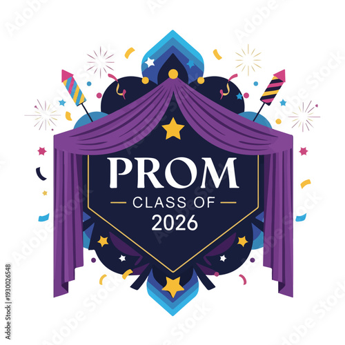 Colorful decorative design with text "Prom Class of 2026" on a purple stage