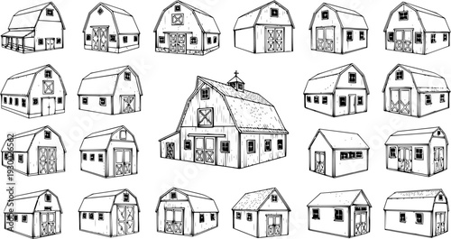 Detailed hand-drawn collection of barns in various architectural styles. Black and white sketch illustrations of farm buildings for agriculture, countryside, and rural design.
