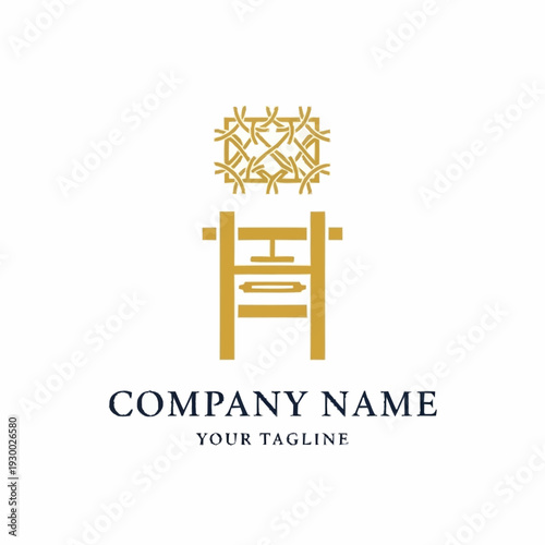 Elegant golden logo with abstract pattern and stylized character design.