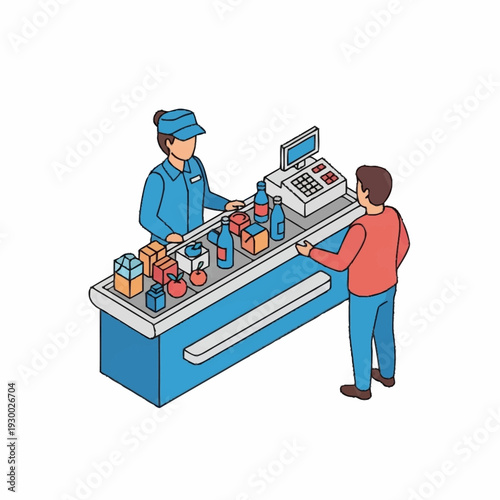 Isometric illustration of a customer at a checkout counter with a cashier.