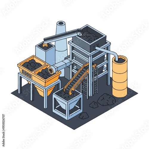 Isometric illustration of a coal processing plant with conveyor belts and storage silos.