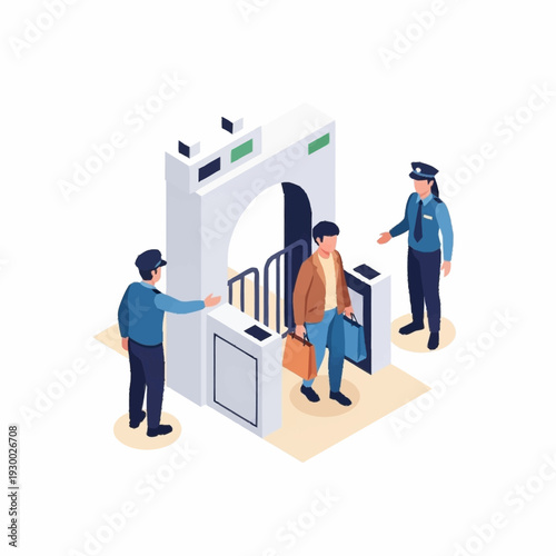 Isometric illustration of airport security checkpoint with passengers and security personnel.